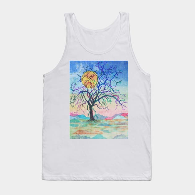 Rainbow tree landscape painting with a golden moon Tank Top by esvb